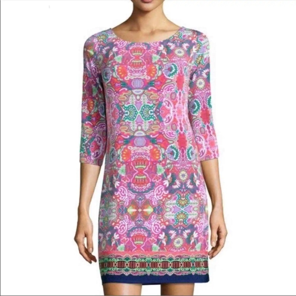 Laundry by Shelli Segal coral green‎ blue print shift dress Sz M